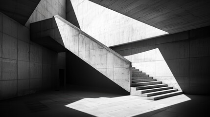 Fototapeta premium Modern concrete staircase in minimalist building interior with dramatic light and shadow.