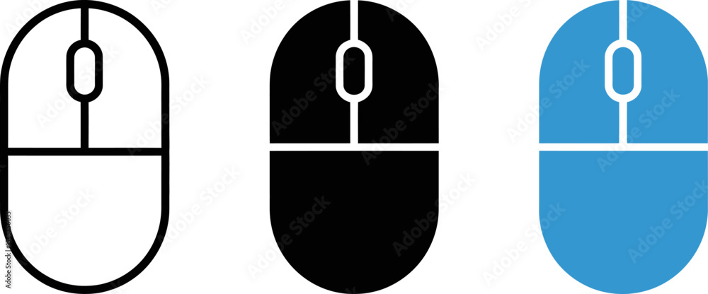 Poster computer mouse graphic design: vector mouse icons in black, blue and outline for web and print desig