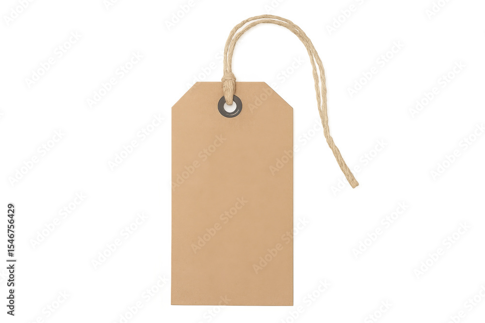 Poster empty rectangular light brown price tag with string, isolated on transparent background, ready for c