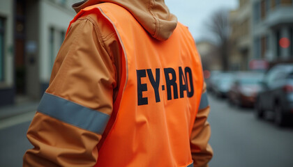 Man wearing orange safety vest with EY-RAO text walking on a city street