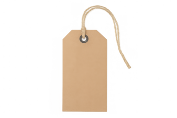 Empty rectangular light brown price tag with string, isolated on transparent background, ready for customization