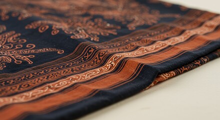 Close-up of Luxurious Dark Indigo and Burnt Orange Block-Printed Textile with Intricate Floral and Geometric Patterns