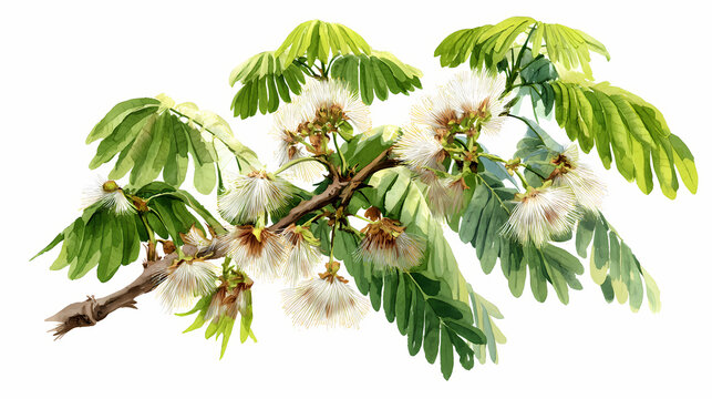 Watercolor Illustration of Shirish Bark (Albizia lebbeck) &ndash; Traditional Ayurvedic Herbal Remedy on White Background

