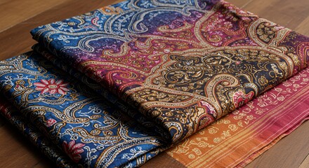 Luxurious Paisley Fabric Stack: Deep Blues, Rich Reds, and Warm Oranges