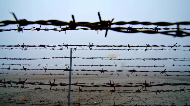 Dense fog envelops barbed wire fence in desolate landscape with cracked earth