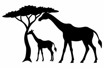 Elegant Adult and Baby Giraffe Outline with Tree Canopy
