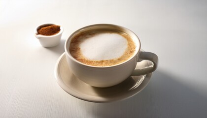 a cup of hot cappuccino coffee on white table