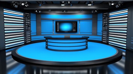 Modern Blue News Studio Set Design, 3D Render, Virtual Background Virtual Studio, Broadcast Design