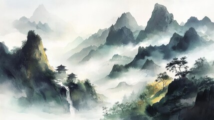 Misty Mountain Temple Watercolor Landscape, Asian Art, Ink Painting © BrilliantPixels