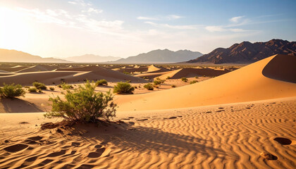 Expansive sandy outdoor scene, delicate morning sunlight, soft blue sky, white fluffy clouds.