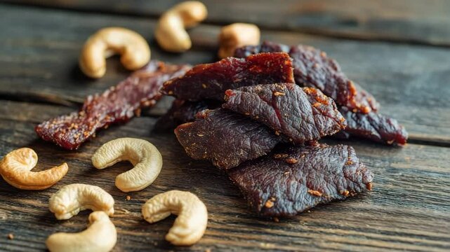 A close-up of beef jerky and cashews on a wooden table