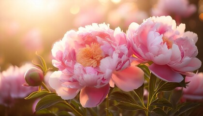 Obraz premium delicate pink peony blooms bathed in warm gentle sunlight and soft hues