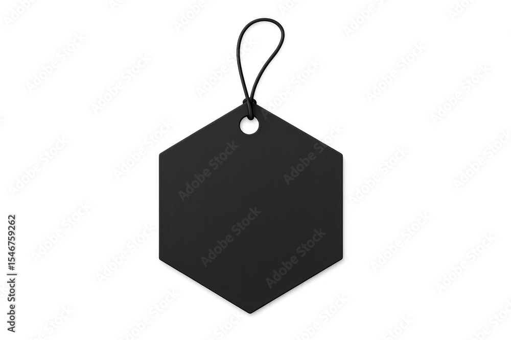 Poster black hexagonal tag dangling from thin string against transparent background, highlighting product l