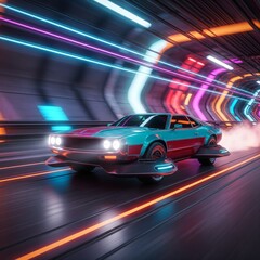 Retro-Futuristic Hovercar Racing Through Neon Tunnel
