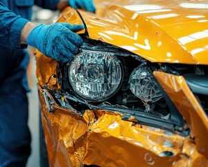 Worker inspecting the front of a damaged orange car after a collision