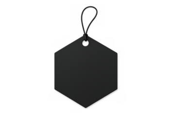 Black hexagonal tag dangling from thin string against transparent background, highlighting product labeling and minimal design aesthetic
