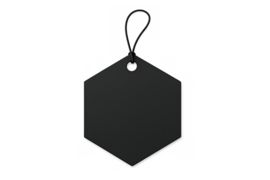 Black hexagonal tag dangling from thin string against transparent background, highlighting product labeling and minimal design aesthetic - Powered by Adobe