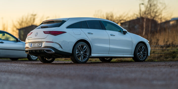 Gothenburg, Sweden - december 14 2024: white mercedes cla shooting brake at sunset.