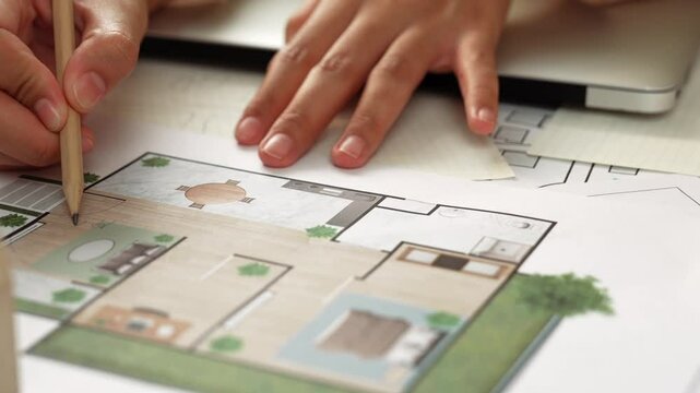 Professional engineer team discussion about house design on meeting table with architectural equipment and building blueprint scatter around at modern office. Focus on hand. Closeup. Delineation.