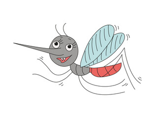 Mosquito icon. Cute cartoon funny bloodsucking insect. Hand drawn illustration, doodle. Malaria prevention concept, hygiene, health. White isolated background.