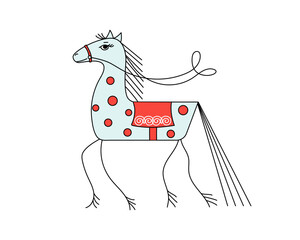Toy horse, linear icon. Hand drawn, doodle. Concept of antique toy. Folklore, ethnic style. Isolated background.