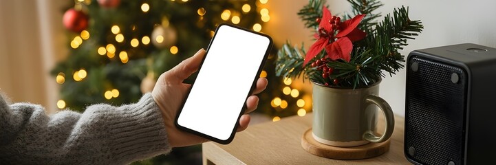  Christmas  mobile phone showing an empty screen, ideal for holiday advertisements