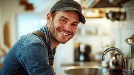 Smiling man with a cap and denim shirt standing at a kitchen sink. Concept of happiness, everyday life, home. For a lifestyle photo.
