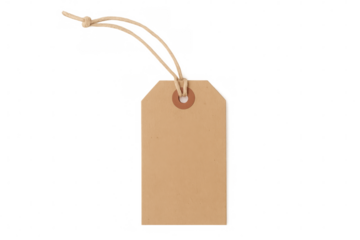 Light brown rectangular price tag dangling from knotted string, metallic eyelet visible, suspended against clear backdrop