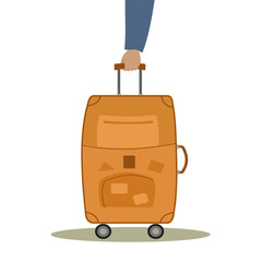 Vacation, holiday travel concept. Human hand holds suitcase by handle. Suitcase with wheels and retractable handle. Traveler's luggage. Flat vector.