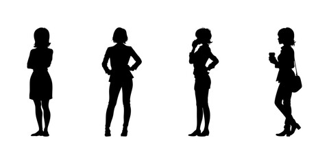 Fototapeta premium Silhouetted Business Women Poses Icon Set. Professional Posture And Office Attire Symbol Collection. Corporate And Workplace Visuals. Isolated Vector Illustration
