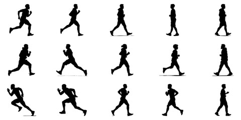 Running And Walking Human Silhouette Icon Set. Dynamic Movement And Exercise Symbol Collection. Fitness And Sports Visuals For Health And Wellness. Isolated Vector Illustration