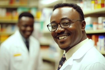 Smiling man in white coat with glasses stands in pharmacy aisle, blurred figure in background. Concept of healthcare professionalism. For healthcare articles.