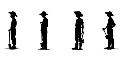 Obraz premium Farmers With Shovels Silhouette Icon Set. Agricultural Work And Labor Theme Solid Symbol Collection. Farming And Gardening Visuals. Isolated Vector Illustration