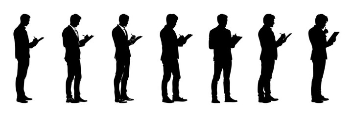 Business Professionals Writing On Clipboards Silhouette Icon Set. Office Work And Task Management Symbol Collection. Corporate And Business Environment Use. Isolated Vector Illustration