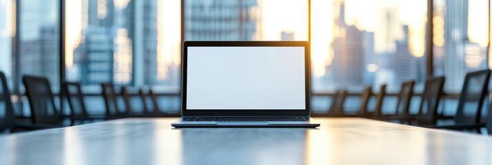 Close-up view of a laptop with a blank white screen placed on a desk in a modern white office interior, blurred background for mockup or digital content presentation design.copy space.mockup.banner