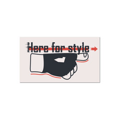 A black-and-white sticker illustration of a gloved hand pointing to the side, accompanied by the phrase 