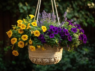 Hanging Basket of Blooms: A vibrant hanging basket overflows with an array of colorful flowers in a garden setting. Displaying the essence of the natural world and tranquility