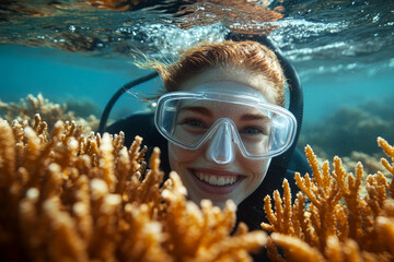A person in a diving mask is underwater, smiling near coral reefs. Concept of underwater exploration. For marine life photography.