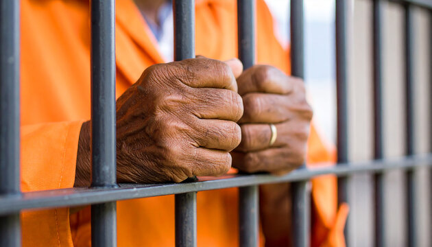Elderly mans wrinkled hands gripping metal jail cell bars, wearing prison uniform, emotional concept