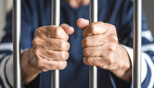 Elderly mans wrinkled hands gripping metal jail cell bars, wearing prison uniform, emotional concept
