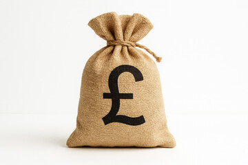 Burlap Money Bag with British Pound Symbol on White Background – Wealth and Savings Concept