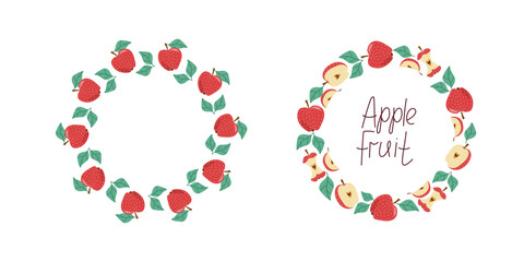 Apples, whole and halves fruit. Banner, set round frame. Doodle, colorful icons, illustration for menu design, bar, cafe, recipes, restaurant. Hand lettering. Place for tex, isolated background.