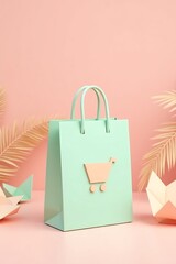 Mint green shopping bag with cart icon on pink background