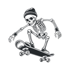 Skeleton Skateboarder in Vintage Style Illustration
