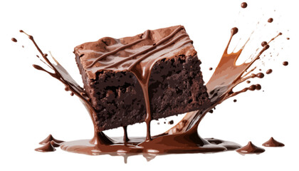 Brownie piece with chocolate splash isolated on white background perfect dessert choice