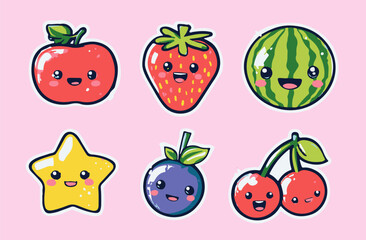 Bright kawaii-style vector illustration with cute apple, strawberry, watermelon, star, plum, and cherries on pink. Uses trendy flat design, bold outlines, rounded shapes, and vibrant colors.