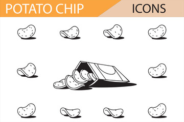  Vector illustration of potato chips icons, featuring a snack bag, bowl of chips, and a can, ideal for food-related designs, snack brands, packaging, and promotional material for snacks.