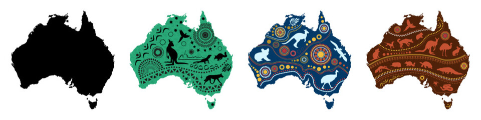 Australian map set with patterns and animals silhouettes on colorful background. Vector illustration