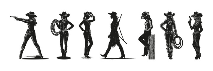 Fototapeta premium Cowgirl Silhouettes In Action Set. Western Lifestyle And Rodeo Theme Collection. Cultural And Entertainment Use. Isolated Vector Illustration