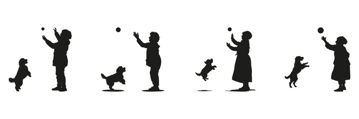 Obraz premium Child And Dog Playing Silhouette Set. Pet Interaction And Outdoor Activity Symbol Collection. Recreational And Educational Use. Isolated Vector Illustration